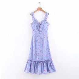 Women Purple Floral Print Sleeveless Strap Dress V Neck Mermaid Halter Midi Summer Beach Vocation D2621 210514