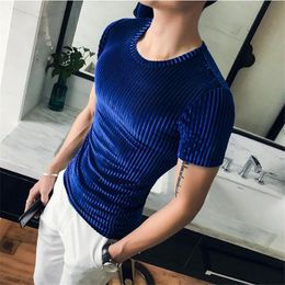 Men's T-Shirts 2022 Summer Korean Slim Fit T Shirt Mens Round Neck Casual Stripes Solid Colour High Quality Breathable Tight