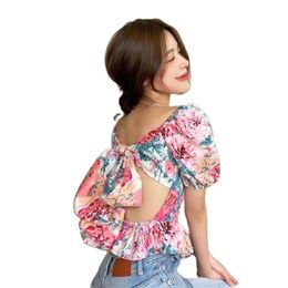 Sexy and sweet print bandage open back puff sleeve square neck all-match blouse summer fashion women's clothing 210520