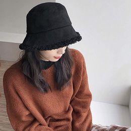 Berets Wool Winter Bucket Hat Fashion Solid Thick Warm Plush Fisherman Cap Faux Fur Bob For Women Girls