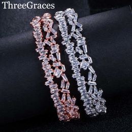 Threegraces Cz Crystal Jewellery Multilayered Aaa Cubic Zirconia Fashion Baguette Bracelet Cuff Bangle for Women Gift Ba006 Q0717