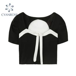 Women's Tees Square Collar Patchwork Bandage Short Sleeve Summer Streetwear Sexy Hollow Out Skinny Causal Female Crop Tops 210417