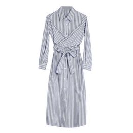 PERHAPS U Grey White Pink Striped Turn Down Collar Shirt Dress Full Sleeve Long Sleeve Knee Length Winter Autumn Elegant D0756 210529