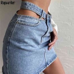 Rapwriter Hollow Out Sexy High-Waisted Skirts Women Slim Harajuku Vintage Denim Skirt Pocket Streetwear Pencil Mini Saias 210619