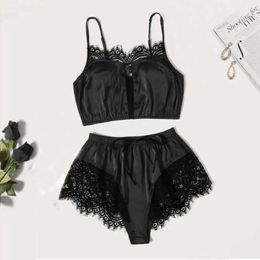 Spaghetti Strap Lace Pyjama Set Sleeveless Trim Underwear Sleep Shorts Set Lace Pijamas Suit Sleepwear Women Sexy Nighties Satin Q0706