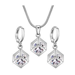 Jewellery Sets Crystal Womens Necklaces Gold silver plated two piece set hollowed small zircon cube necklace Earrings for lady Diamond fashion