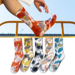 New Fashion Smiling Face Embroidery Men and Women Socks Cotton Colourful Vortex Tie-dye HipHop Skateboard Funny Happy Sockings