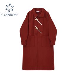 Vintage Red Long Woollen Coat Women Autumn Winter Single Breasted Pocket Jacket Outwear Female Korean Oversize Outcoat 210417