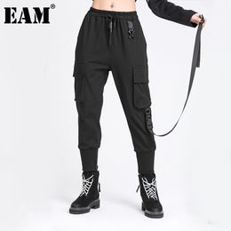 [EAM] High Elastic Waist Black Pocket Ribbon Long Harem Pants Loose Fit Pants Women Fashion Spring Autumn 1DD6056 210512