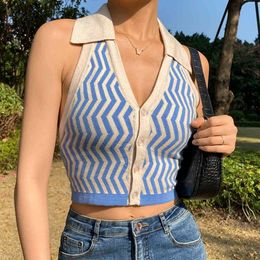 MONERFFI Streetwear Fashion Striped y2k Halter Knitted Vest For Women Sexy BacklSlim Outfits Female Tank Tops 2021 Autumn X0507