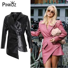 Fashion Winter Longsleeve Draped Pink Pu Leather Dresses Sexy Bodycon Club Celebrity PartyTwo Pieces Set PU Jacket 210421