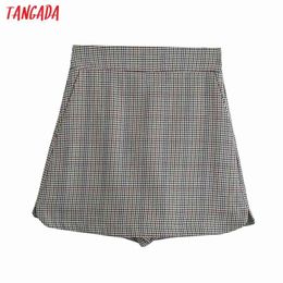 Women Elegant Plaid Print Skirt Back Zipper Pockets Female Retro Casual Shorts Pantalones 4M125 210416