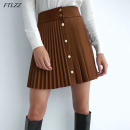 Faux PU Leather Skirt Vintage Single Breasted Pleated Elegant High Waist Slim Solid Mini 210423