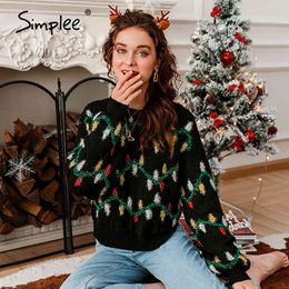 Casual leaves Christmas Sweater Winter Black Warm women's Pullover Street fashion round neck knitted 210414