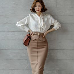 2 Piece Sets Women Fashion Spring Autumn Office Lady Top Shirt Bodycon Pencil Skirt Knee-Length Eleagnt Slim Suit 210514