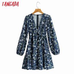 Women Blue Flowers Print Ruffles V Neck Long Sleeve Ladies Mini Dress Vestidos SY227 210416