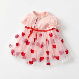 Cute Toddler Girls Heart Pink Little Summer Dress with Bows Children Lace Embroidery Tutu for Kids 210529