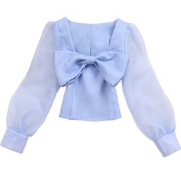 Autumn Women's Blouse Sweet Bow Slim Chiffon Shirts Ladies Japan Style Organza Short Tops Female Blusa LL1009 210507
