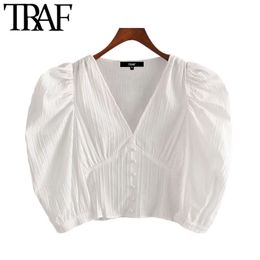 TRAF Women Sweet Fashion Buttons White Cropped Blouse Vintage V Neck Puff Sleeve Female Shirts Blusas Chic Tops 210415