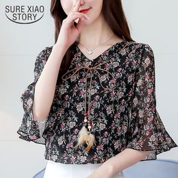 Fashion Women And Ladies Tops Chiffon V-Neck Floral Half Flare Sleeve Blouse Shirts 2696 50 210415
