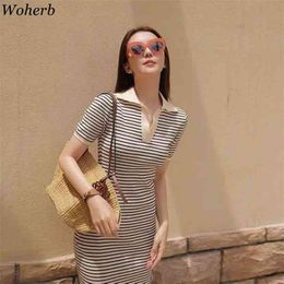 Striped Robe Korean Knitted Midi Dress Women Summer V-neck Short Sleeve Dresses Vintage Bodycon Ladies Vestidos Femme 210519