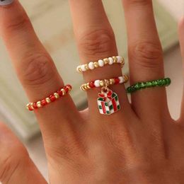 4Pcs Christmas Bohemian Ring Set Handmade Red Green Glass Bead Ring Alloy Elk Gift Pendant Women Girls Fashion Jewelry G1125
