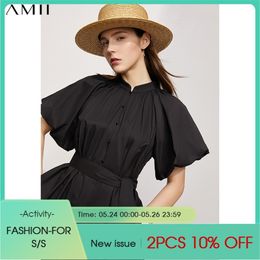 Minimalism Summer Women's Dress Fashion Vintage Stand Collar Belt Puff Sleeve Knee-length Aline 12140580 210527