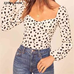 Vintage France Retro Long Puff Sleeve Leopard Print Shirt Women Slim Waist Short Blouse Cropped Girl's Tops 210429