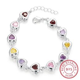 Sweet Fashion Jewellery Women 925 Sterling Silver Heart Colourful Zirconia Bracelet Engagement Party Christmas Gift