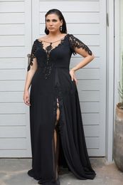 Lace Appliqued Plus Size Mother of the Bride Dresses With Long Sleeves V Neck Beaded Side Split Formal Evening Gowns