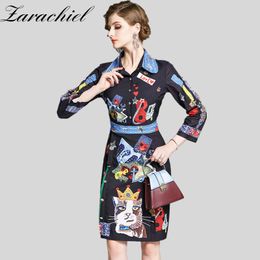 Elegant Star Moon Letter Cartoon Printed Party Women's Luxury Runway Autumn Three Quarter Sleeve Casual Vintage Dress 210416