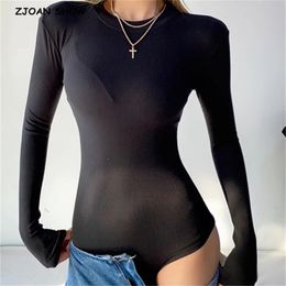 Spring 90'S Vintage Round Collar Rib Long sleeve Bodysuit Woman Short Jumpsuit Slim fit Rompers Bodycon Playsuits 210429