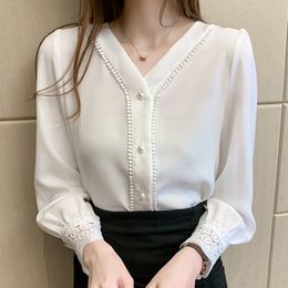 Blusas Mujer De Moda Blouse Women Long Sleeve White Blouse Women Shirts Beading V-neck Chiffon Blouse Shirt Tops Blusa D387 210426