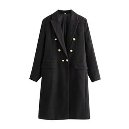 BBWM Women Fashion Metal Buttons Woollen Coat Vintage Long Sleeve Back Vents Long Jacket Female Chic Outerwear 210520