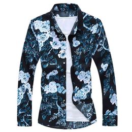 Autumn Spring Clothes Shirt Men Long Sleeves Big Size M-5XL 6XL 7XL Print Hawaiian Beach Casual Floral For Man 210721