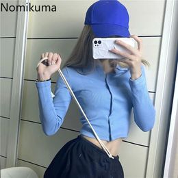 Nomikuma Spring Sexy Crop Top Sweater Coat Long Sleeve Turn-down Collar Slim Cardigan Korean Solid Women Tops Jumper 6E445 210427