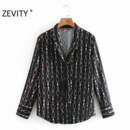 Zevity Women Vintage Long Sleeve Chain Printing Casual Smock Blouse Ladies Retro Business Shirt Femininas Blusas Tops LS7289 210603