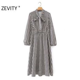 Zevity Autumn Women Vintage Houndstooth Plaid Print Shirt Dress Ladies Chic Bow Clothing Long Sleeve Business Vestido DS4547 210603