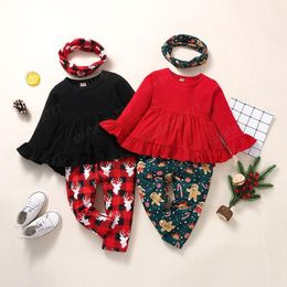 kids Clothing Sets girls Christmas outfits Children ruffle sleeve Tops+plaid Xmas deer print pants+scarf 3pcs/set Spring Autumn Fashion baby Clothes