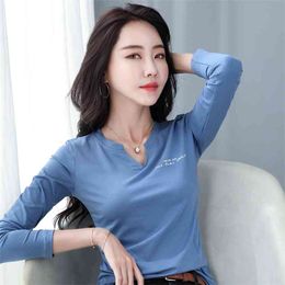 WWENN T-shirt Women Spring Cotton Casual V-neck Slim Stretchy Long Sleeve Tops Tee Autumn Shirt Femme 210507