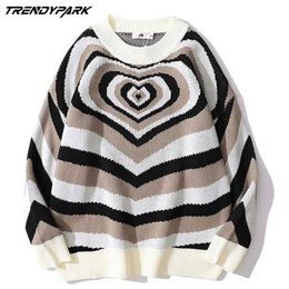 Men's Pullovers Sweaters Creative Stripes Heart Knitted Streetwear Oversized Harajuku O Neck Knitwear Men Clothing 220108