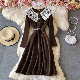 Autumn Winter French Retro Corduroy Dress Peter Pan Collar Slim Waist Mid-length Women Vestidos Female C012 210507