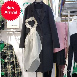 Women's Wool & Blends Long Woollen Coat Women Love Mesh Stitching Black Windbreaker Streetwear Female 2021 Autumn And Winter Loose Warm Coats