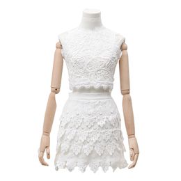 Women White Lace Sleeveless Zipper Mini Skirt 2 Two Piece Set Elegant Summer T0096 210514