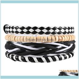 Beaded Bracelets Jewelrybeaded Strands 4Piece Set/Mens Black And White Braided Winding Leather Bracelet Vintage Charm Wooden Bead Ethnic