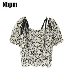 Puff Sleeve Women's Shirt Retro Print Blouses Casual Short Sleeve Korean Clothing Chiffon Female Shirt Elegant Top Square Collar 210529