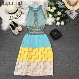 Gaganight Summer Autumn Elegant Stretch Women Midi Dress Sleeveless Colour Contrast Patchwork Knitted Party Ladies Dresses 210519