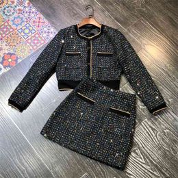 Autumn Winter Elegant Tweed Two Piece Set Women Crop Top Skirt Suit Korean Jacket Coat + 2 Outfits For 210514