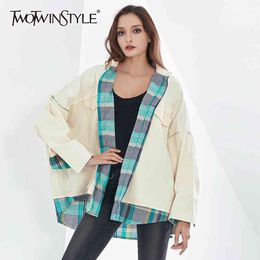Beige Jacket For Women Lapel Long Sleeve Patchwork Plaid Casual Loose Korean Coats Female Fashion Clothing 210524