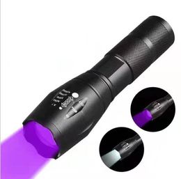 T6 UV Flashlight Portátil Luz Negro Luces Doble Zoom zoom ultra violeta antorcha escorpión lámpara 395nm 18650 Batería Linternas Detector de dinero para perro de orina de orina.